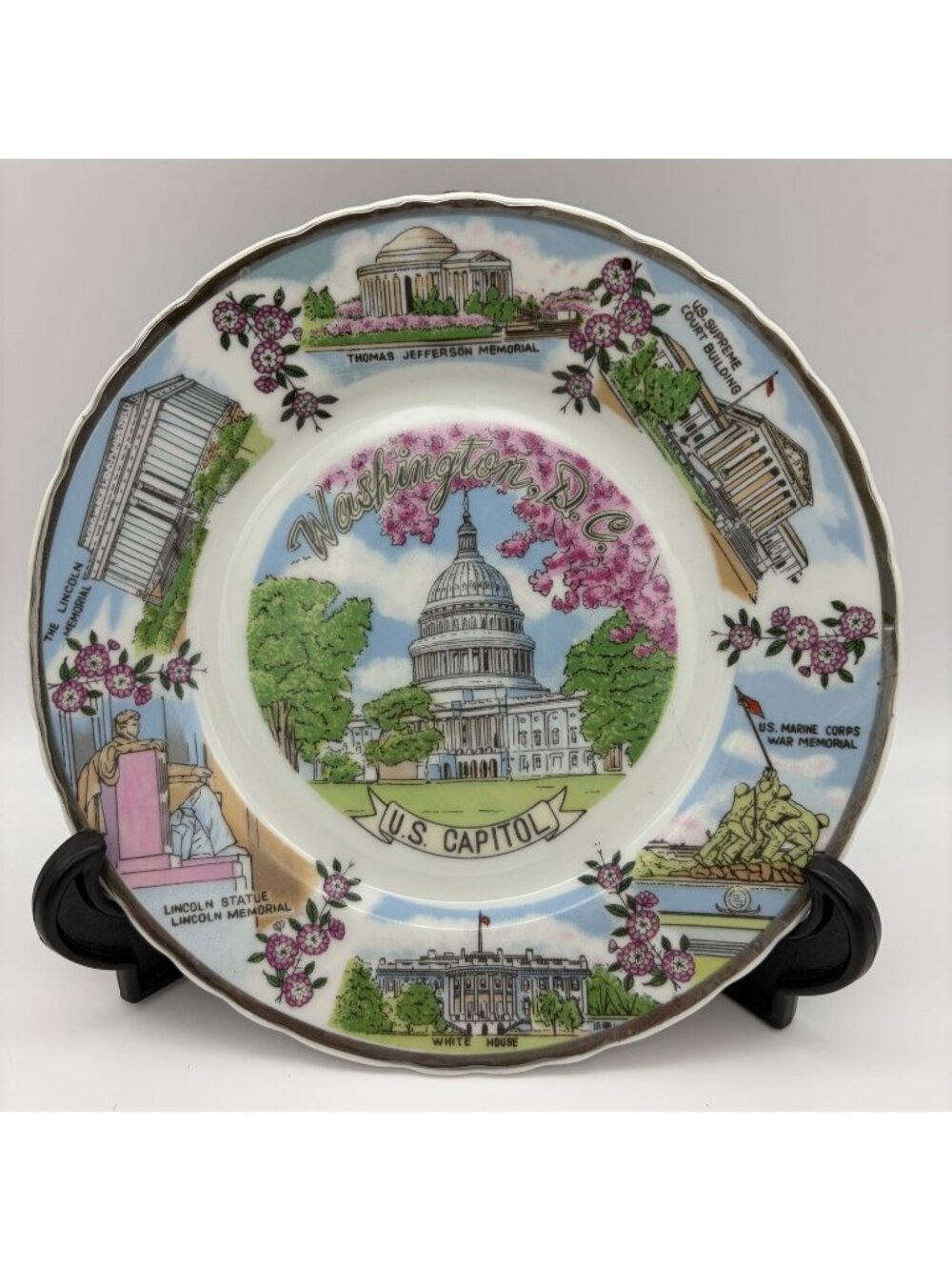 Vintage Washington DC Souvenir Plate 7.75 Inch Capitol White House Scenic Silver